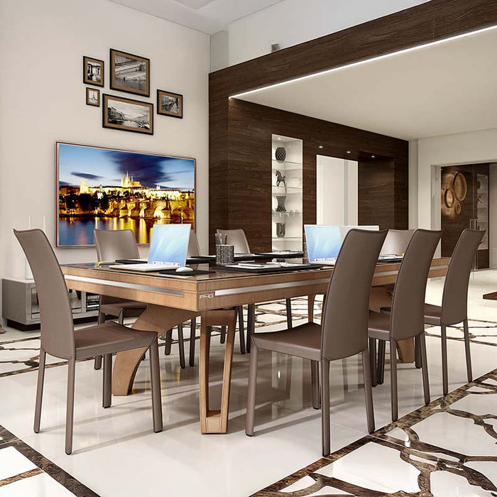 Etrusco P40 dining pool table in walnut finish set as a workspace, surrounded by ergonomic chairs and laptops—ideal for modern home offices or collaborative spaces.