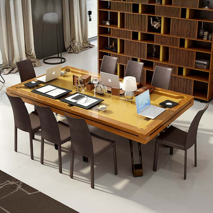 Etrusco P40 multifunctional pool table with golden oak finish and glass top, styled as a sleek office table with laptops and accessories, perfect for stylish workspaces and modern homes.