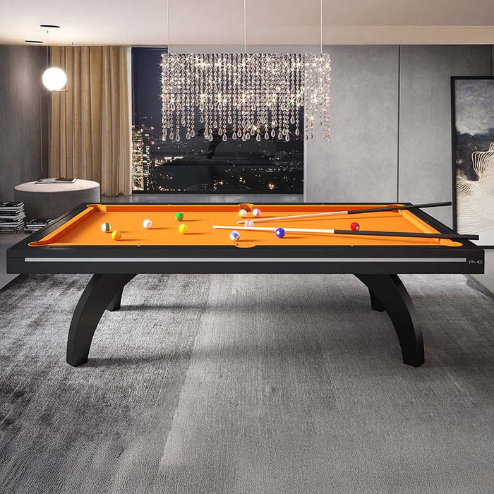 Etrusco P40 contemporary pool table with black curved legs and bold orange cloth, positioned in a luxurious city-view interior with soft lighting and modern furnishings.
