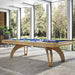 Etrusco P40 pool table in warm brown wood with matching brown cloth, placed in a luxury living room with glossy floors and modern decor—perfect for sophisticated home entertainment.