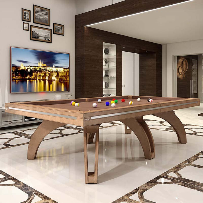Etrusco P40 contemporary pool table in matte brown finish with brown cloth, featured in a modern lounge with high-end decor and marble flooring for an upscale gaming experience.