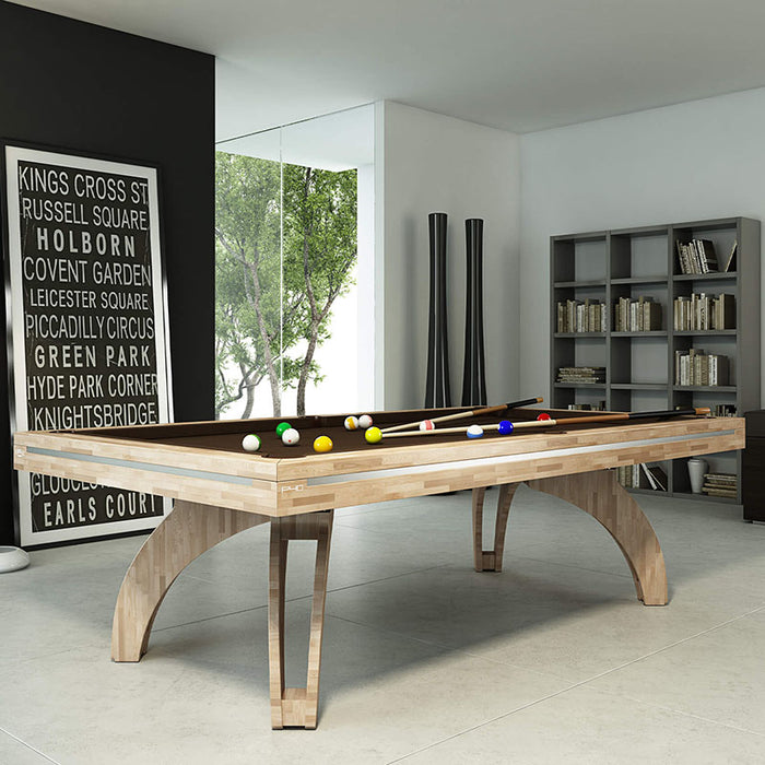 Etrusco P40 luxury pool table in golden finish with deep red cloth, styled in an opulent room with ornate mouldings and classic French decor, combining classic elegance with modern play.