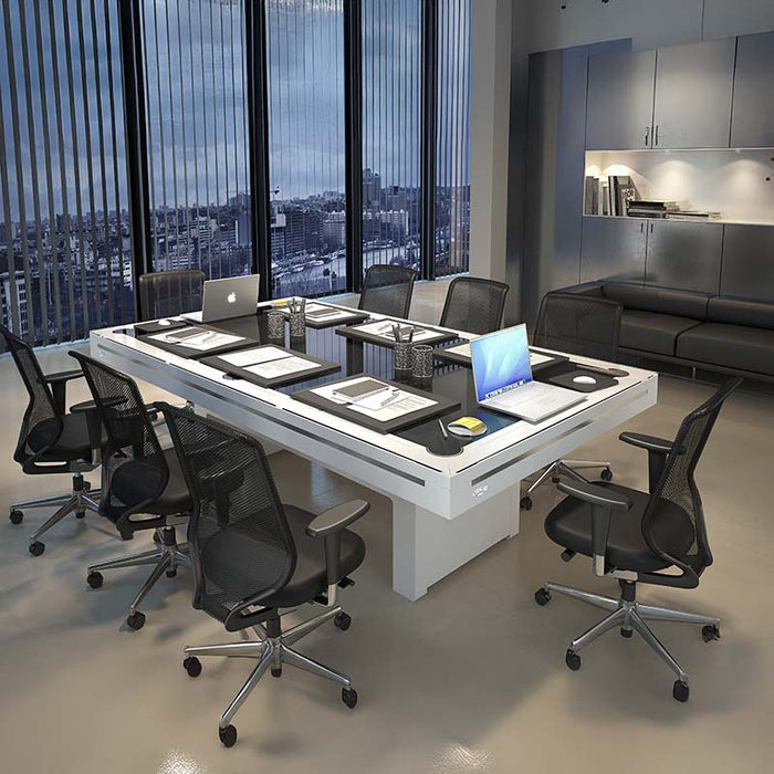 Etrusco P50 multifunctional pool table transformed into a stylish office desk with white finish and workstations.