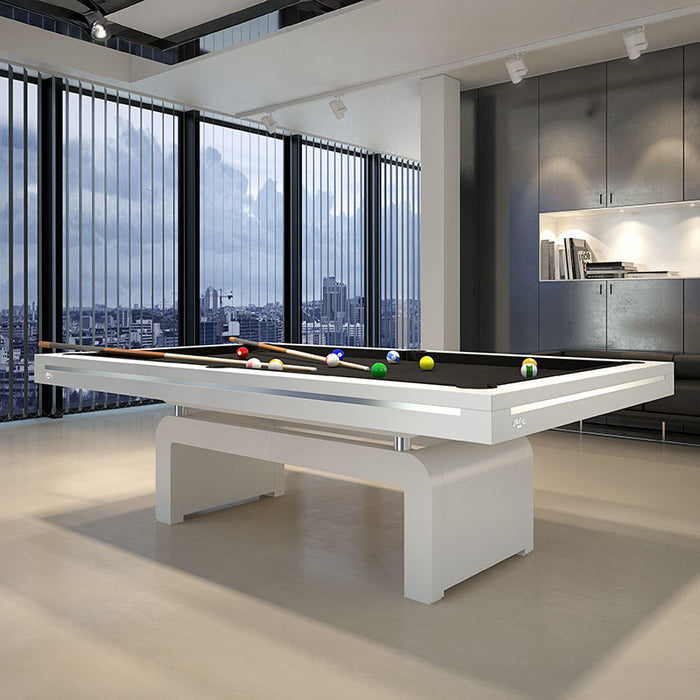 White Etrusco P50 pool table with black felt, solid leg base and sleek modern aesthetic in a high-rise office space.