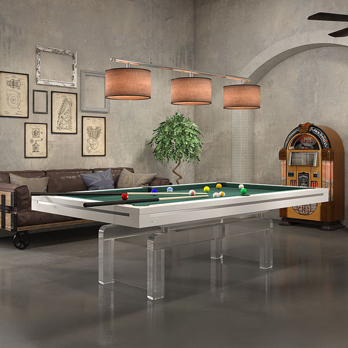 White Etrusco P50 pool table with green cloth and crystal-clear legs in a vintage-inspired games room.