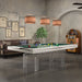 White Etrusco P50 pool table with green cloth and crystal-clear legs in a vintage-inspired games room.