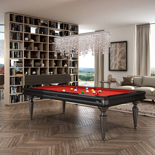 Etrusco Smile pool table in black finish with red cloth, styled in an elegant library-themed interior with chandelier lighting.