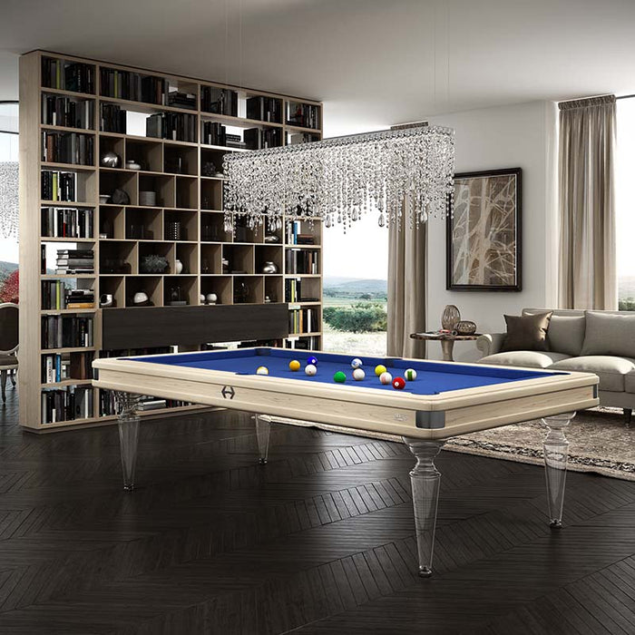 Etrusco Smile pool table with white oak finish and blue cloth, featuring clear legs and elegant dark wood flooring.