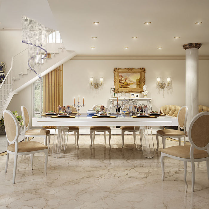 Etrusco Strike pool table with white finish used as a dining table in a classical marble-floored room with ornate decor.