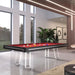Etrusco Strike pool table in sleek black finish with red cloth and transparent legs, set in a modern luxury games room.