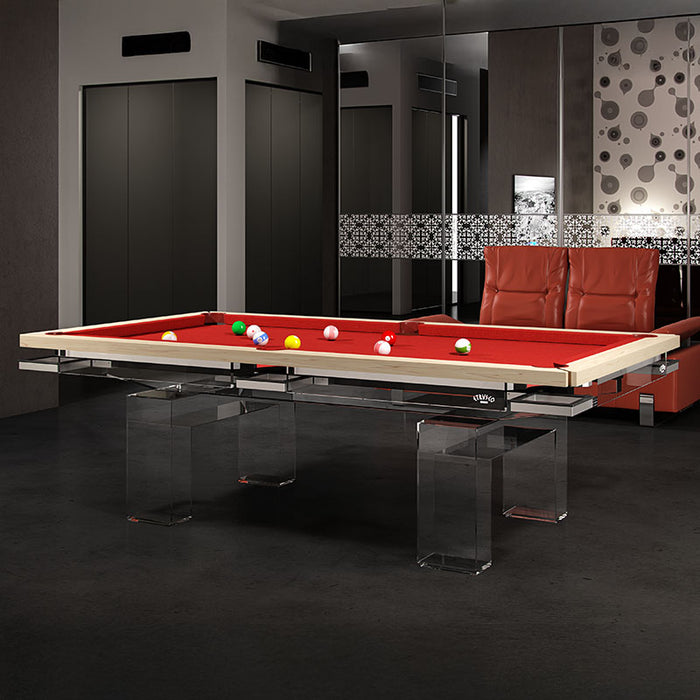 Etrusco Top pool table with red felt and light wood frame, supported by transparent acrylic legs in a sleek, modern interior with dark flooring.