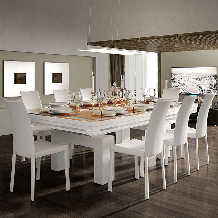 Etrusco Top pool table in sleek white finish, elegantly converted into a dining table set for a formal occasion with crystalware and candles.
