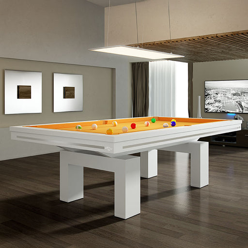 Etrusco Top pool table in stylish white with vibrant orange felt, showcased in a modern living space with clean lines and wood flooring.