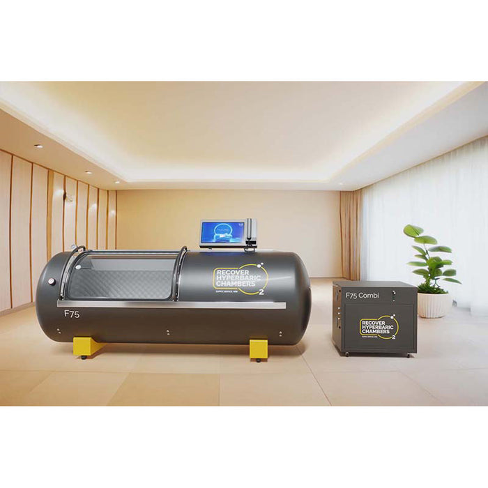 Right side view of Recover F75 hyperbaric chamber with equipment in a healthcare facility.