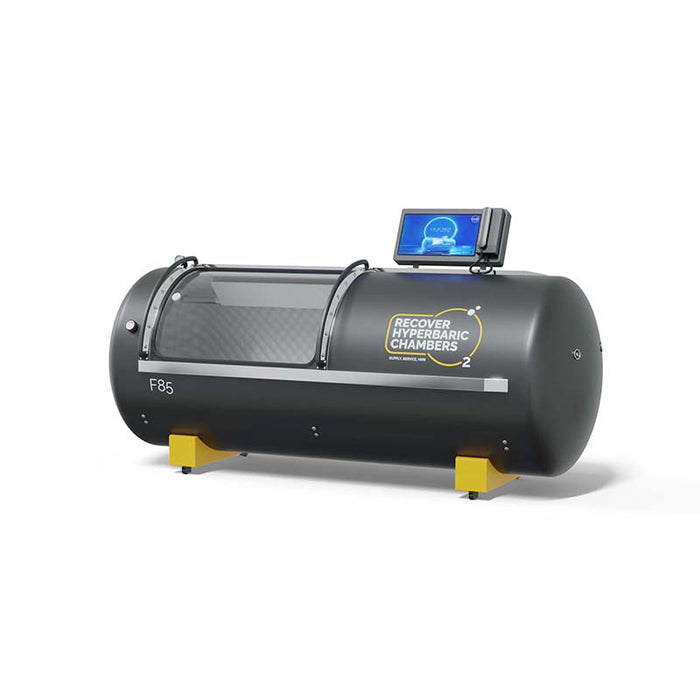 Right-side view of Recover F85 steel hyperbaric chamber with a digital interface.