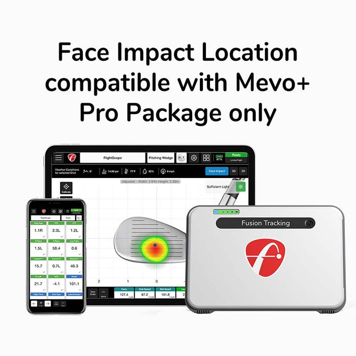 FlightScope Face Impact Location displayed on tablet and phone next to Mevo+ launch simulator.