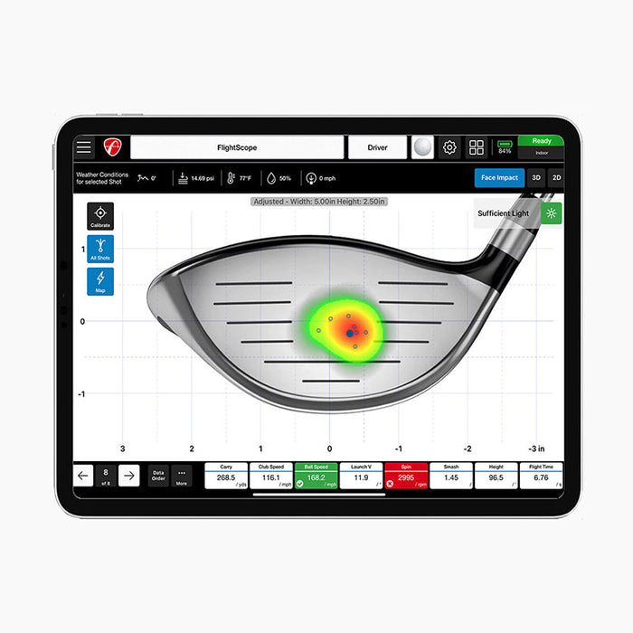 FlightScope Face Impact Location with heatmap displayed on tablet. 