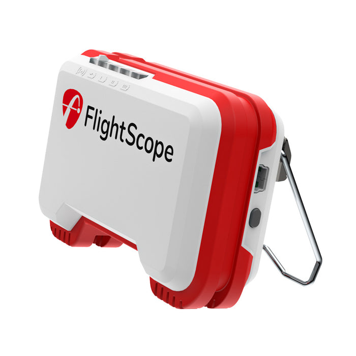 FlightScope Mevo launch monitor, side perspective.