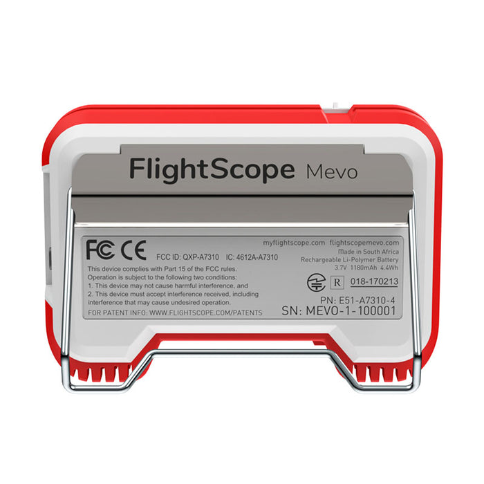 FlightScope Mevo monitor's rear with kickstand and product label details.