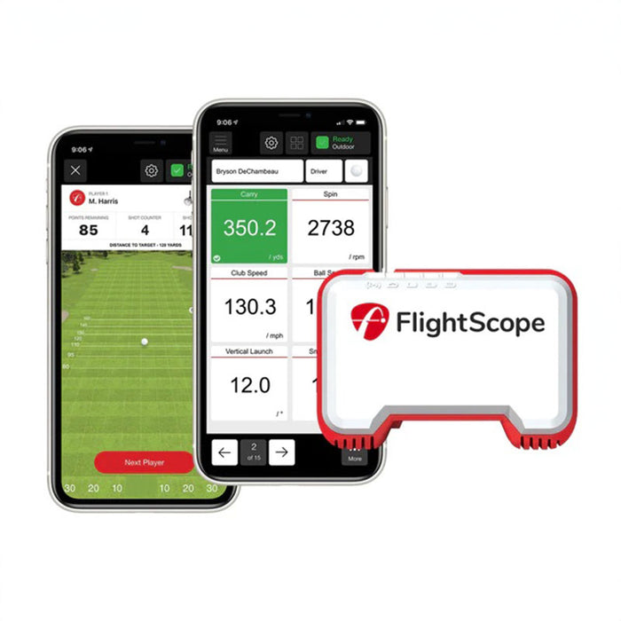 FlightScope Mevo device beside mobile phones with golf swing analysis app.