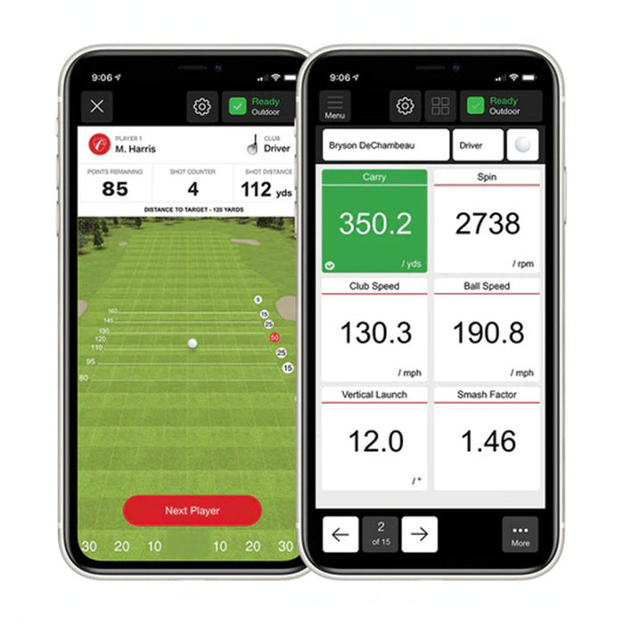 Smartphones showing golf simulation and swing data with FlightScope app.