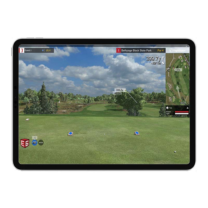 Close-up of the tablet displaying the golf simulation at Bethpage Black course.