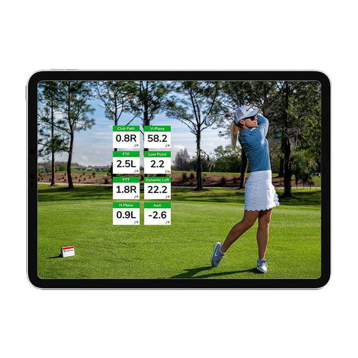 FlightScope Pro Package for Mevo+ showing female golfer and KPIs.