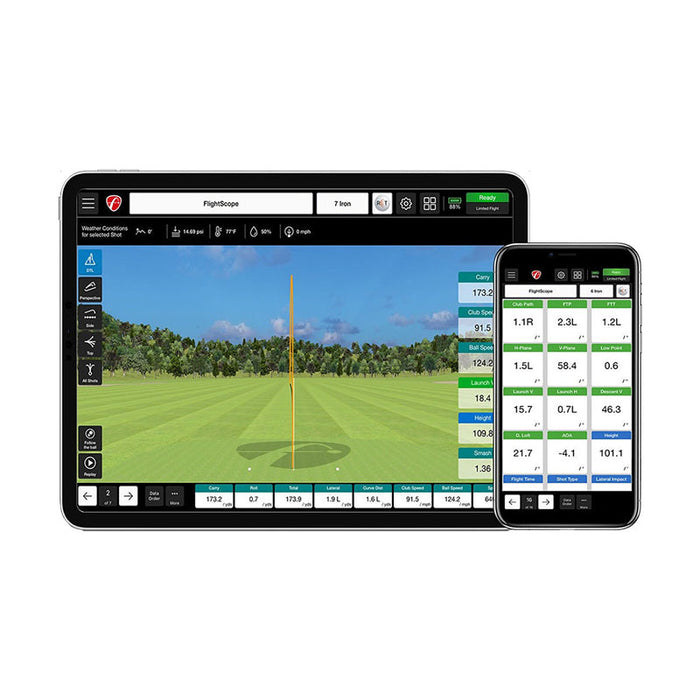 FlightScope Pro Package software user interface and analytics shown on tablet and phone. 