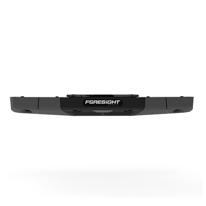 Front-facing perspective of the Foresight Falcon overhead launch monitor hovering above with visible sensors and central branding.