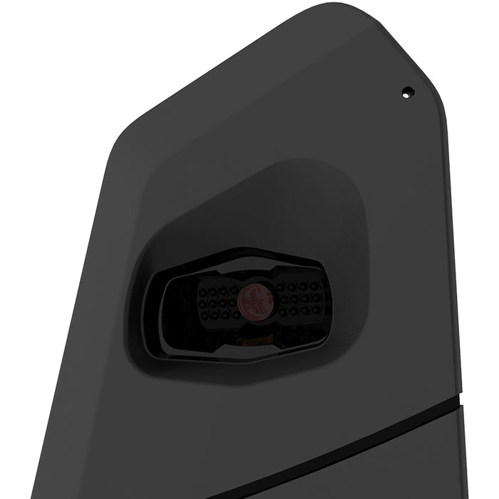 Close-up of the side-mounted tracking camera on the Foresight Falcon overhead golf launch monitor in a high-contrast render.
