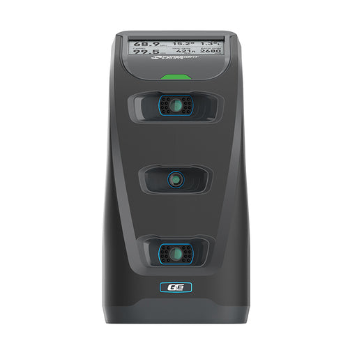 Front close-up of Foresight GC3 Launch Monitor showing three precision cameras and a digital metrics screen.