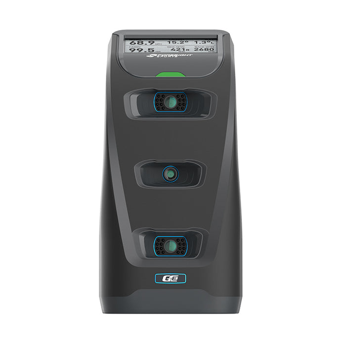 Front close-up of Foresight GC3 Launch Monitor showing three precision cameras and a digital metrics screen.