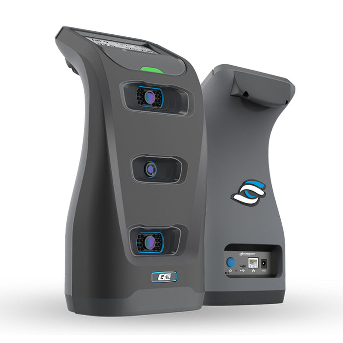 Angled front and rear view of Foresight GC3 Launch Monitor highlighting its triple camera system and rear connectivity ports.