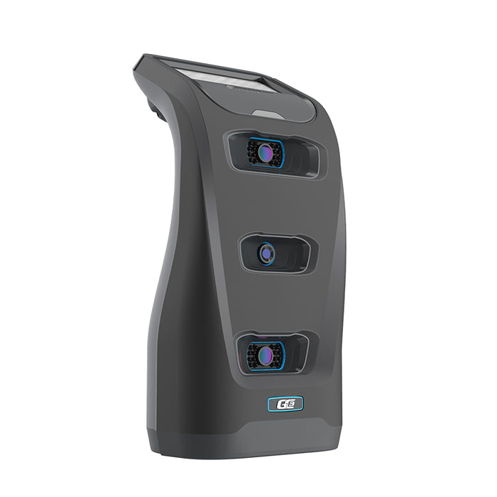 Left-angled product shot of Foresight GC3 Launch Monitor showing detailed lens housings and side curvature.