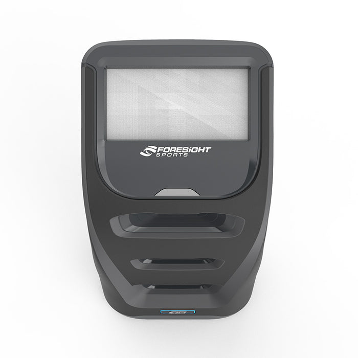 Top view of Foresight GC3 Launch Monitor showcasing its sleek display screen and compact design.