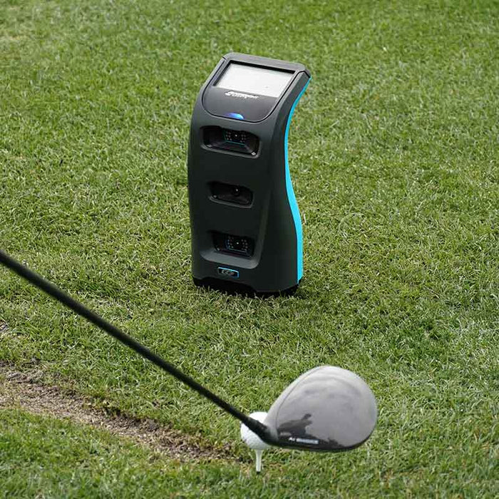 Close-up of the Foresight GC3S Launch Monitor capturing driver swing data on grass, highlighting golf ball tracking and club data accuracy.