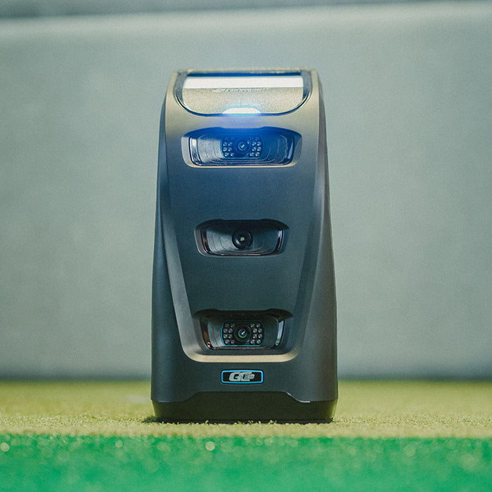Close-up of the Foresight GC3S Launch Monitor indoors, displaying its high-speed camera sensors and sleek design.