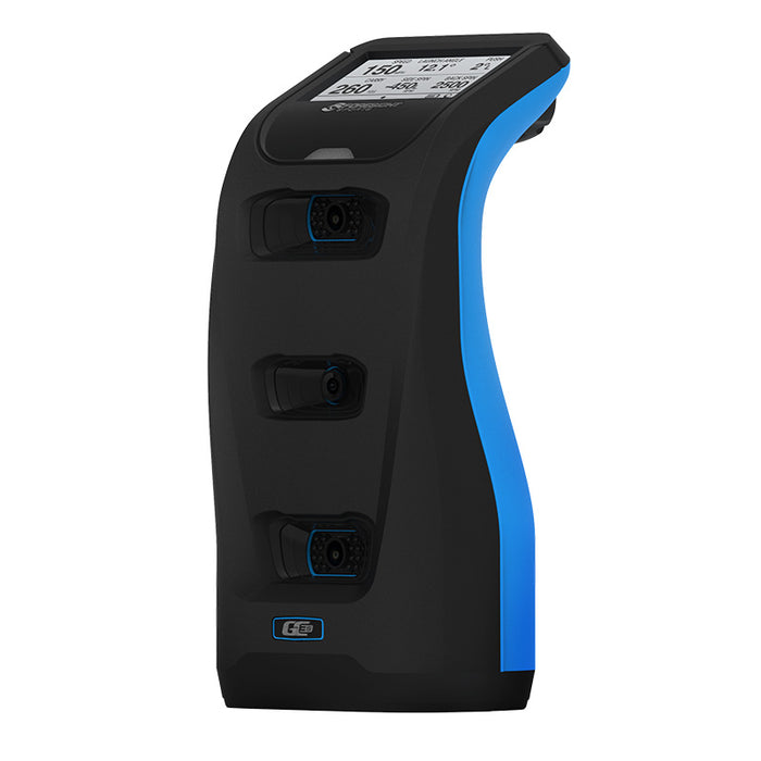 Side view of Foresight GC3S Launch Monitor featuring blue trim and full sensor suite, ideal for accurate golf data analysis.