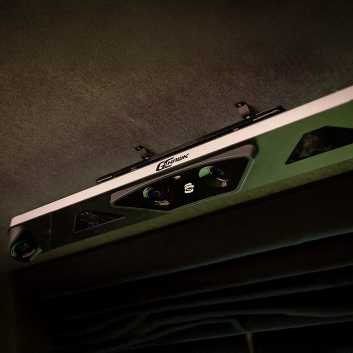 Close-up of the Foresight GCHawk launch monitor mounted on a dark ceiling, showing dual-lens tracking system and robust design.