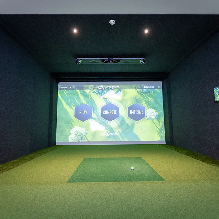 Detailed close-up of GCHawk overhead launch monitor by Foresight Sports, showing infrared cameras and sensor hardware.