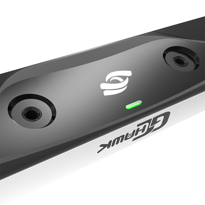 Detailed view of Foresight GCHawk launch monitor’s dual high-speed tracking cameras and glowing status indicator, engineered for precision.