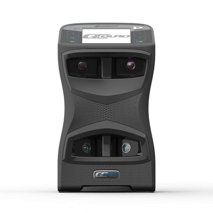 Frontal studio shot of the Foresight GCQuad golf launch monitor, presenting full view of its quad-sensor face and digital screen.