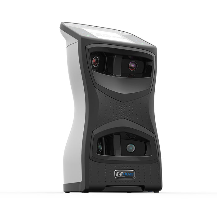 Low angle view of the Foresight GCQuad launch monitor showcasing its front-facing infrared cameras and curved body structure.