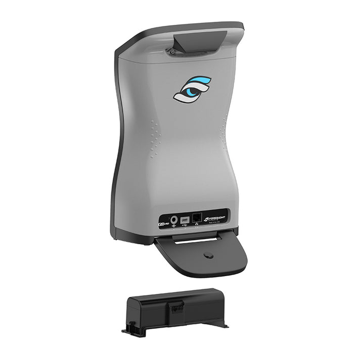 Rear view of the Foresight GCQuad launch monitor with visible connection ports and removable battery for convenient setup.