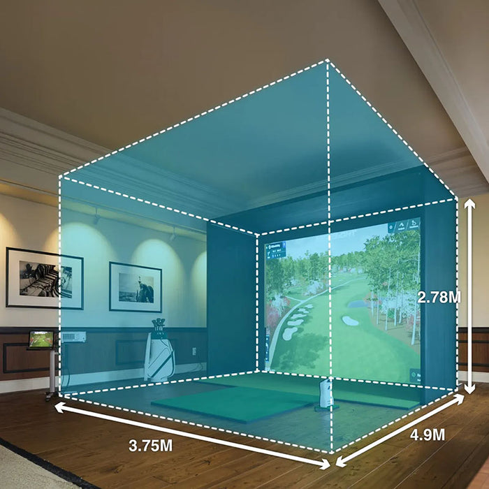 Foresight Sim-in-a-Box indoor golf simulator layout displaying essential room size dimensions for a complete setup experience.