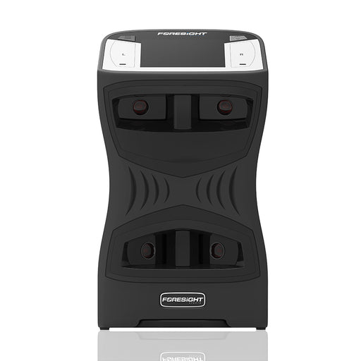 Front close-up of the Foresight QuadMAX launch monitor highlighting its high-speed cameras and advanced sensor layout for precision tracking.