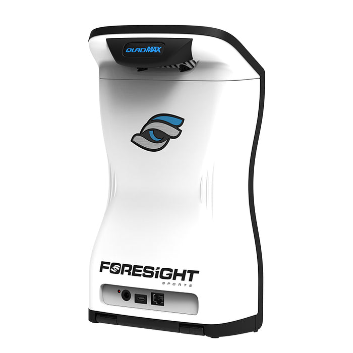 Rear view of the Foresight QuadMAX launch monitor showing ports and curved ergonomic design for easy transport and outdoor setup.