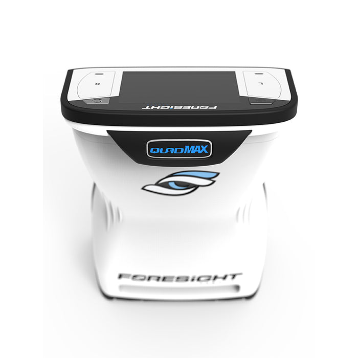 Top-down view of the Foresight QuadMAX launch monitor featuring its sleek touchscreen interface and compact golf radar design.