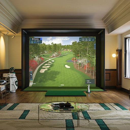 Stylish home golf simulator lounge with Foresight Sim-in-a-Box, featuring dual sofas, décor lighting, and immersive screen.