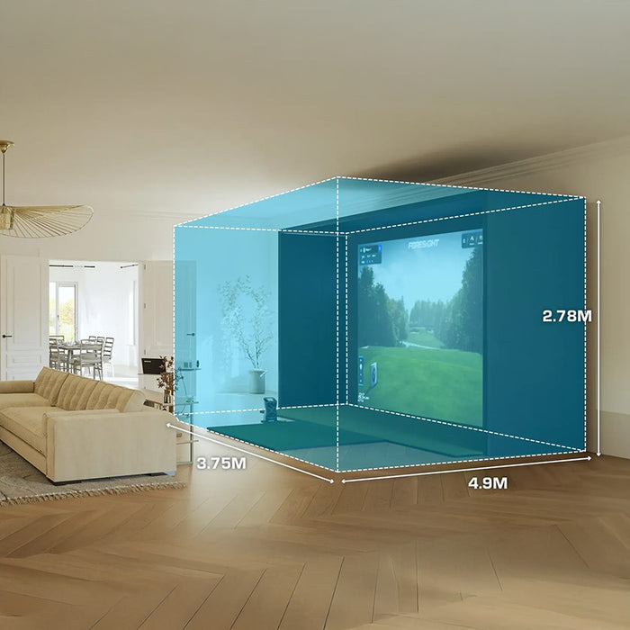Living room golf simulator area showing minimum room dimensions required for Foresight Sim-in-a-Box, highlighting optimal space planning.